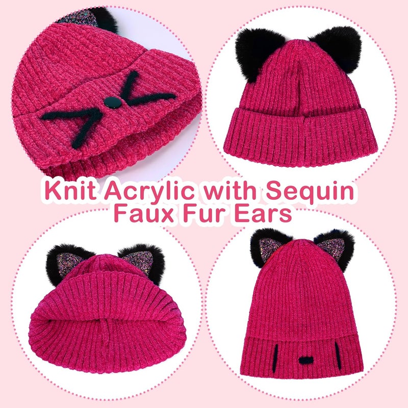 ACTLATI Kids Girls Sequin Cat Ears Hats Winter Knitted Beanie Hat for Outdoor Snow Ski Skull Cap Ages 7-12 - Image 5